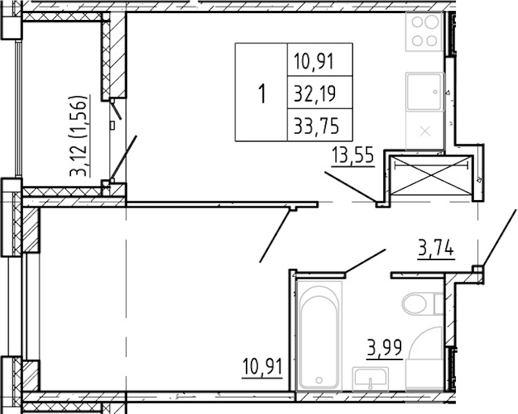 1-комнатная квартира 32.19 м², 4/12 эт., ЖК «Полис Новоселье»